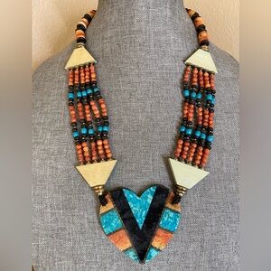 Southwestern Multi-Strand Apple Coral Necklace w/ Turquoise Inlay Heart Pendant
